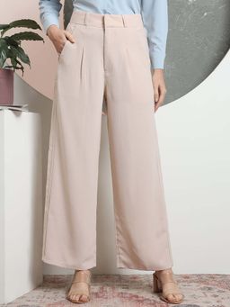 FITHUB - Peach Women Relaxed Flared High-Rise Pleated Formal Trouser