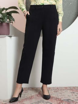 FITHUB - Black Women Tailored Straight Fit High-Rise Easy Wash Formal Trouser