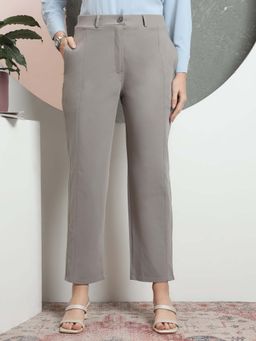 FITHUB - Grey Women Tailored Straight Fit High-Rise Easy Wash Formal Trouser