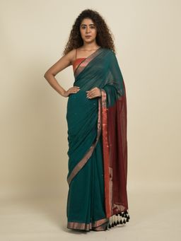 Suta - Green and Maroon Cotton Sequin Embellished Saree