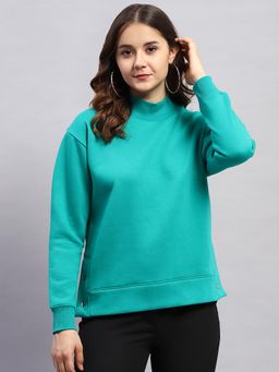 Rock.it - Womens Green Solid High Neck Full Sleeve Sweatshirt