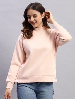 Rock.it - Womens Peach Solid High Neck Full Sleeve Sweatshirt