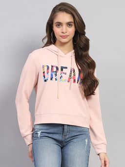 Rock.it - Womens Peach Printed Hooded Neck Full Sleeve Sweatshirt