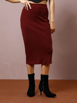 AAREIN - Women Maroon Ribbed Midi Skirt