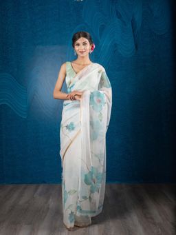 EXCLUSIVA - White Floral Organza Digital Print Saree Zari Border with Unstitched Blouse