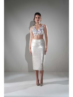 Realm By Vaishali - Hailey Pearl White Sequin Embellished Midi Skirt with Bustier (Set of 2)