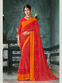 Laxmipati Sarees - Red Color Satin Chiffon Daily Wear Saree Unstitched Blouse