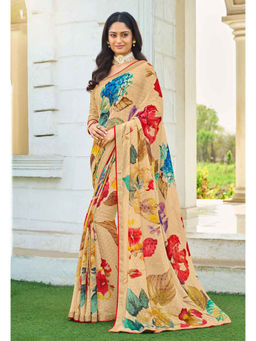 Laxmipati Sarees - Beige Color Marble Chiffon Buti Daily Wear Saree Unstitched Blouse