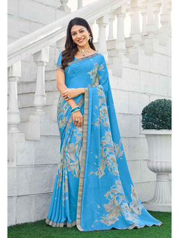 Laxmipati Sarees - Sky Blue Color Satin Chiffon Daily Wear Saree Unstitched Blouse