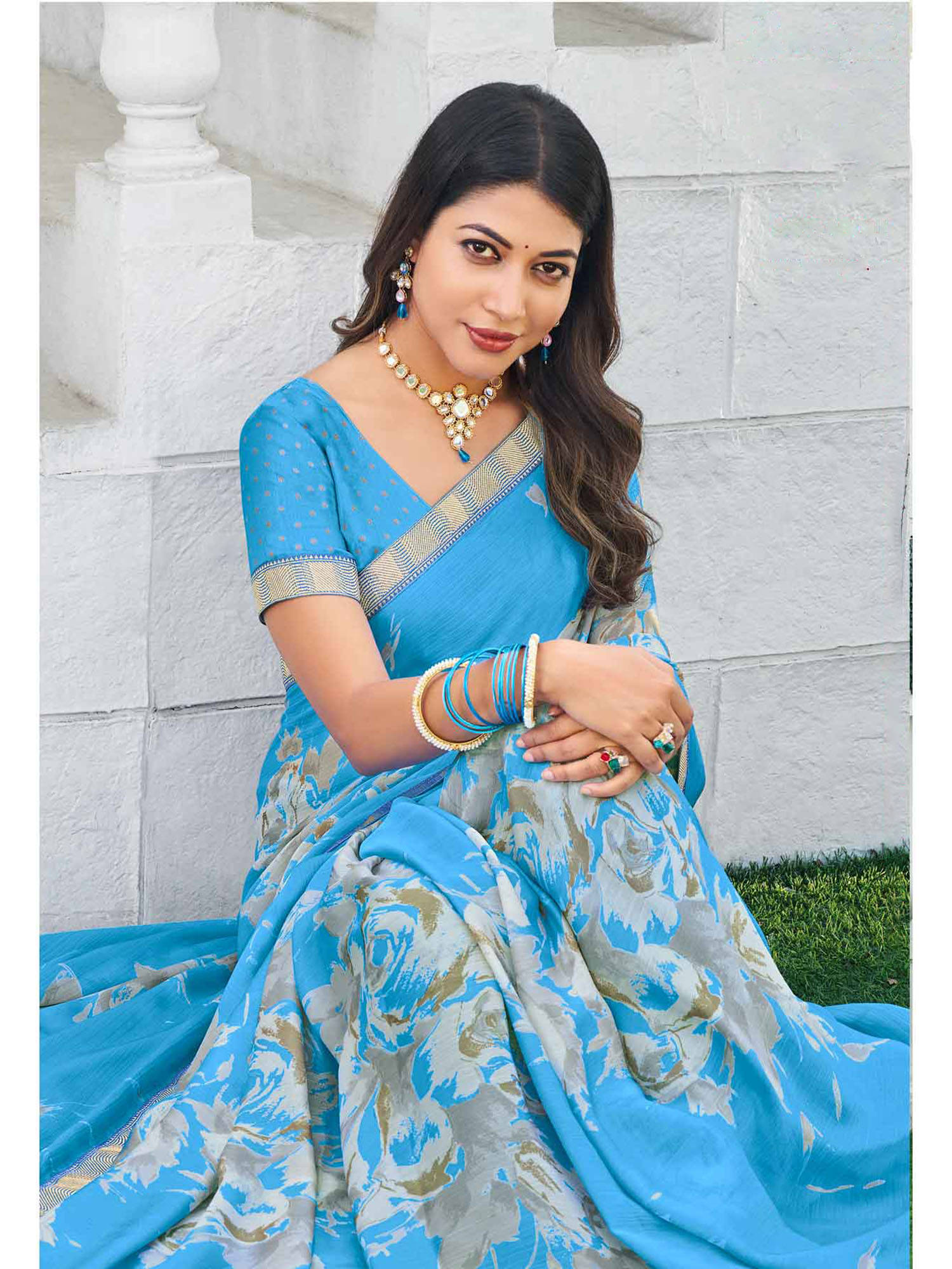 Buy Laxmipati Sarees Sky Blue Color Satin Chiffon Daily Wear Saree
