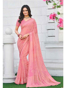 Laxmipati Sarees - Peach Color Georgette Satin Patta Daily Wear Saree Unstitched Blouse
