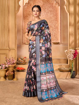 Varanga - Women Multi Floral Design Linen Blend Saree with Unstitched Blouse