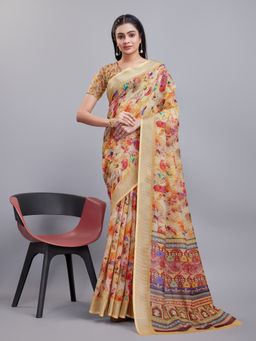 Varanga - Women Cream Floral Digital Printed Cotton Saree with Unstitched Blouse