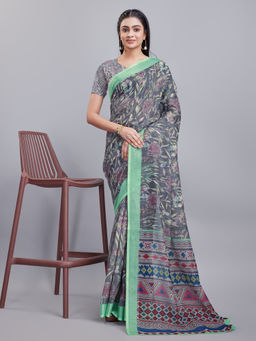 Varanga - Women Grey Floral Digital Printed Cotton Saree with Unstitched Blouse