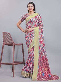 Varanga - Women Pink Floral Digital Printed Saree with Unstitched Blouse