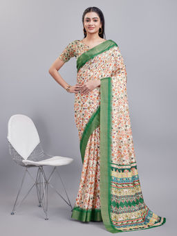 Varanga - Women Cream Floral Digital Printed Saree with Unstitched Blouse