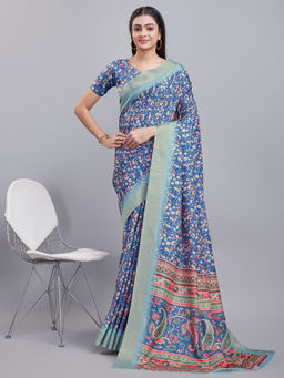 Varanga - Women Blue Paisley Digital Printed Silk Cotton Saree with Unstitched Blouse