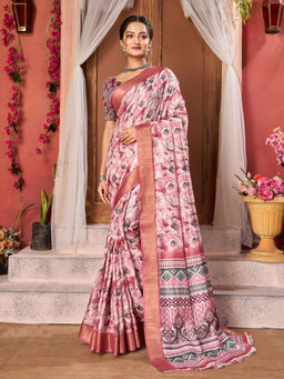 Varanga - Women Pink Floral Zari Mysore Silk Saree with Unstitched Blouse