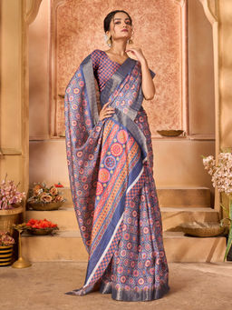 Varanga - Women Blue Ethnic Motifs Zari Block Print Saree with Unstitched Blouse
