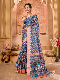 Varanga - Women Blue Zari Block Printed Saree with Unstitched Blouse