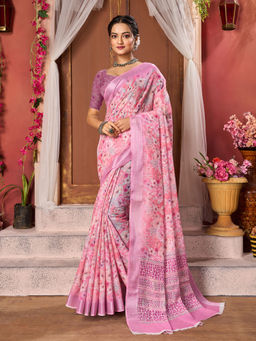 Varanga - Women Pink Floral Printed Zari Mysore Silk Saree with Unstitched Blouse