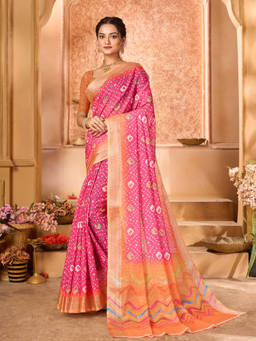 Varanga - Women Pink Bandhani Printed Zari Mysore Silk Saree with Unstitched Blouse