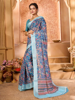 Varanga - Women Blue Floral Printed Zari Mysore Silk Saree with Unstitched Blouse