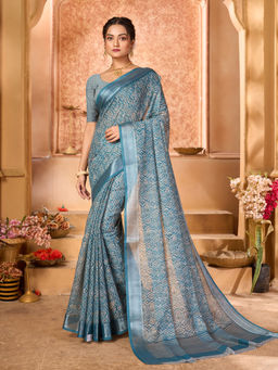 Varanga - Women Blue Geometric Printed Zari Mysore Silk Saree with Unstitched Blouse
