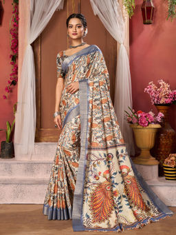 Varanga - Women Multi Floral Zari Block Print Saree with Unstitched Blouse