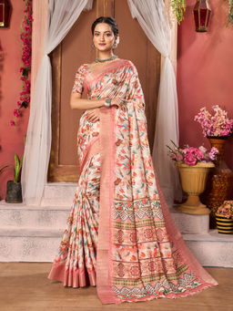 Varanga - Women Cream Zari Printed Saree with Unstitched Blouse