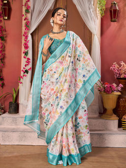 Varanga - Women Cream Printed Zari Mysore Silk Saree with Unstitched Blouse