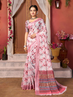 Varanga - Women Pink Floral Printed Mysore Silk Saree with Unstitched Blouse