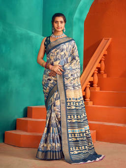 Varanga - Women Blue Abstract Printed Satin Mysore Silk Saree with Unstitched Blouse