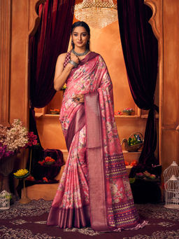 Varanga - Women Pink Floral Design Silk Cotton Mysore Silk Saree with Unstitched Blouse