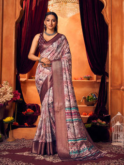 Varanga - Women Mauve Floral Printed Silk Cotton Mysore Silk Saree with Unstitched Blouse
