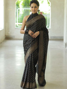 Anjaneya Sarees - Black Woven Designer Banarasi Silk Kanjivaram Saree Unstitched Blouse