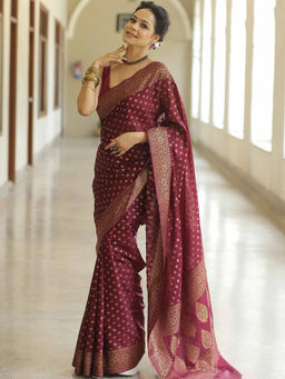 Anjaneya Sarees - Maroon Woven Designer Banarasi Silk Kanjivaram Saree Unstitched Blouse