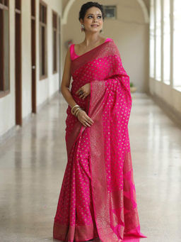 Anjaneya Sarees - Pink Woven Designer Banarasi Silk Kanjivaram Saree Unstitched Blouse