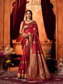 Varanga - Maroon Women Banarasi Saree with Unstitched Blouse