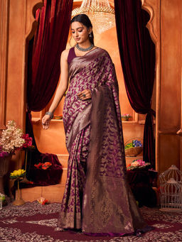 Varanga - Wine Women Banarasi Saree with Unstitched Blouse