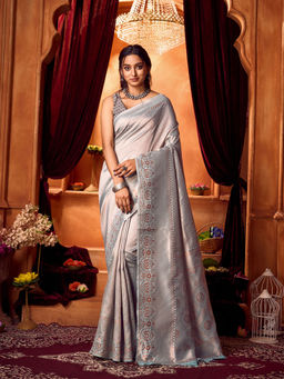 Varanga - Silver Women Banarasi Saree with Unstitched Blouse