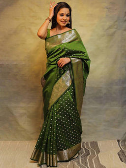 Anjaneya Sarees - Green Woven Designer Banarasi Silk Kanjivaram Saree Unstitched Blouse