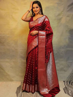 Anjaneya Sarees - Maroon Woven Designer Banarasi Silk Kanjivaram Saree Unstitched Blouse