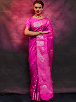 Anjaneya Sarees - Pink Woven Designer Banarasi Silk Kanjivaram Saree Unstitched Blouse