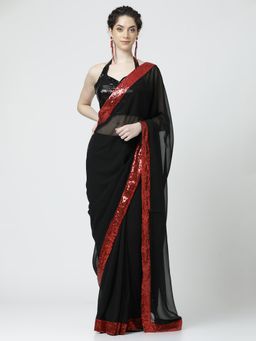 Jaipur Kurti - Black Sequin Embellished Georgette Saree with Unstitched Blouse
