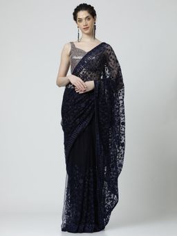 Jaipur Kurti - Floral Embroidered Net Party Wear Saree with Unstitched BlouseNavy Blue