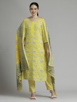 Jaipur Kurti - Ethnic Printed Pure Cotton Kurta and Pant with Dupatta Yellow (Set of 3)