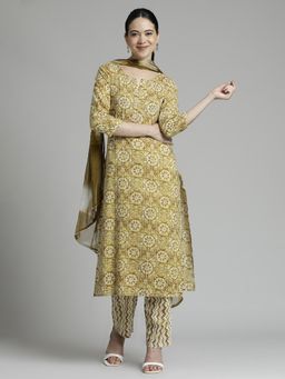 Jaipur Kurti - Ethnic Printed Pure Cotton Kurta and Pant with Dupatta Mustard (Set of 3)