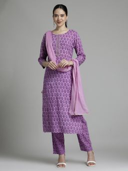 Jaipur Kurti - Ethnic Printed Pure Cotton Purple Kurta and Pant with Dupatta (Set of 3)