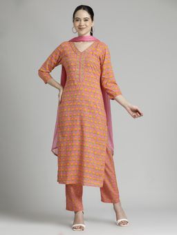 Jaipur Kurti - Ethnic Printed Pure Cotton Orange Kurta and Pant with Dupatta (Set of 3)